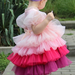 May include: A young girl wearing a pink, red, and purple layered tulle dress with a pink bow. She is standing on a set of stone steps.