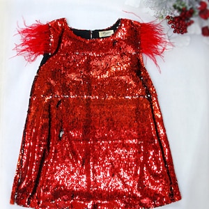 Christmas Red Sequin Dress: Toddler Feather Sleeve Party Dress