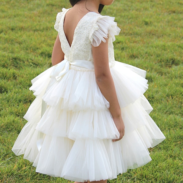 Girls ivory lace tulle dress, Puffy birthdaypartydress, Toddler special occasion dress