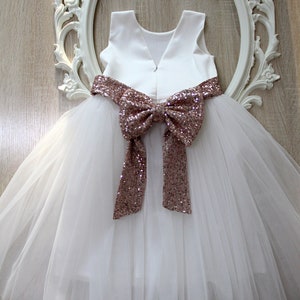 Ivory Lace Flower girl dress, Toddler sequin Party dress with sparkling bow, Communion dress