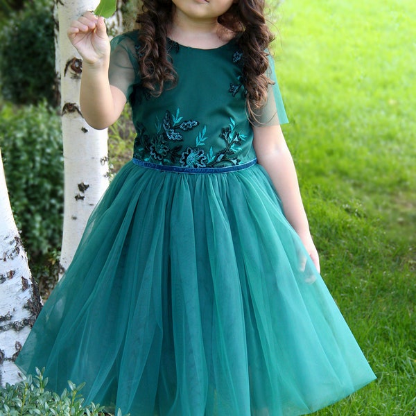 Девочки Изумрудно-зеленое платье, кружевное платье цветочницы, Платья первого причастия, Платья из тюля для малышей