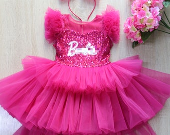 Personalized Girls Hot pink Party Dress, Trendy Dolly dress with train, B. Pink Party dress, flower girl dress