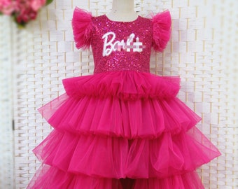 Personalized birthday party dress, Girls hot pink high-low dress, Sparkle hot pink gorgeous dress,  Doll inspired dress girl