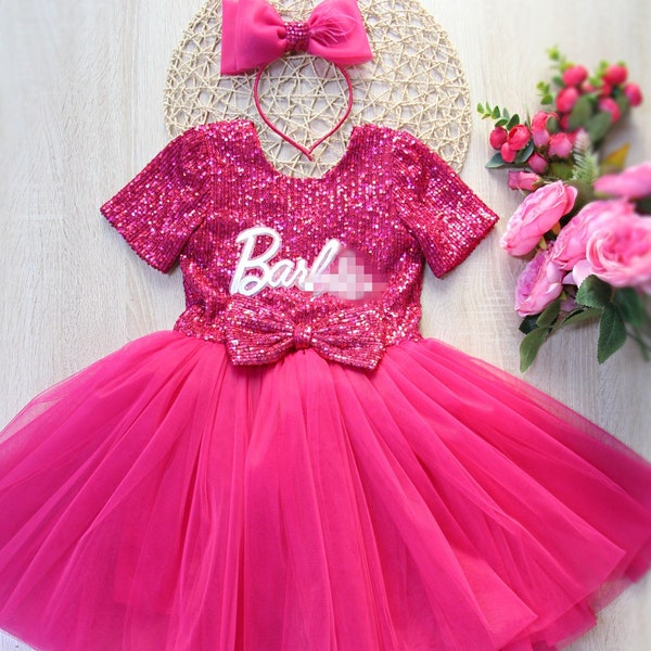 Personalized Birthday party dress, Girls Hot pink Doll inspired tulle dress with a train, Toddler gorgeous short sleeve Sparkle party dress