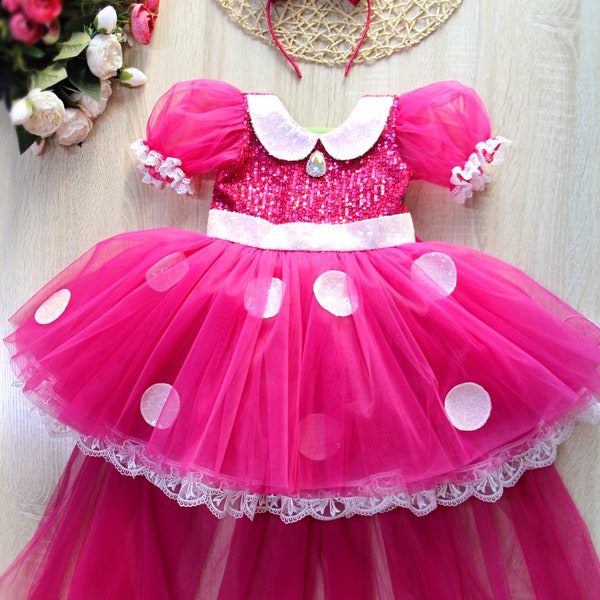 Hot pink Minnie Mouse inspired toddler tulle dress with train, Birthday party dress, Halloween costume girls, Girls hot pink polka dot dress