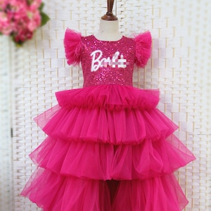 Personalized birthday party dress, Girls hot pink high-low dress, Sparkle hot pink gorgeous dress,  Doll inspired dress girl