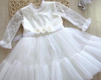 Ivory Lace Tulle Flower Girl Dress: Long Sleeve Party Outfit