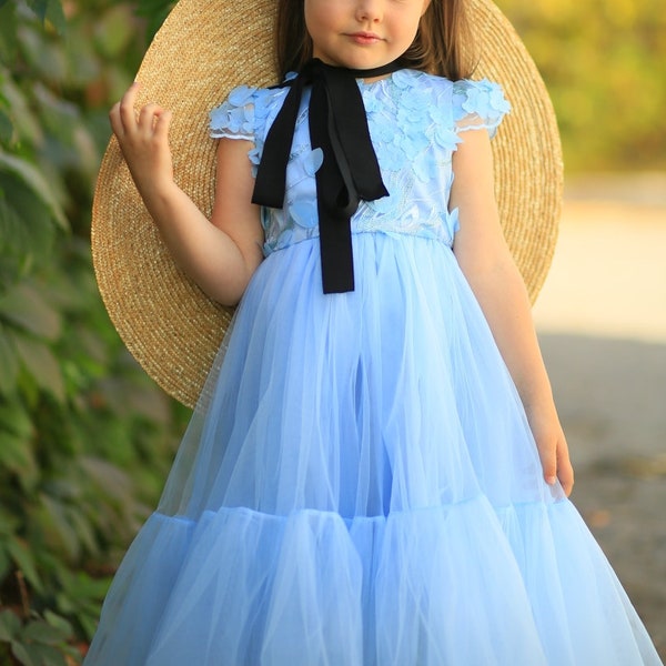 Для девочек вечеринка Синее кружевное платье, Цветочное платье девочки малыш, Малыш небесно-голубое платье из тюля
