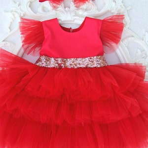 Girls Red Tulle Party Dress: Rose Gold Sequin, Handmade Bow