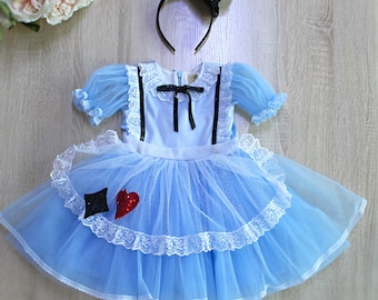 Alice in Wonderland Geïnspireerde jurk, Cosplay Wonderland Babygirl Kostuum, Blauwe tule jurk voor onederland verjaardag