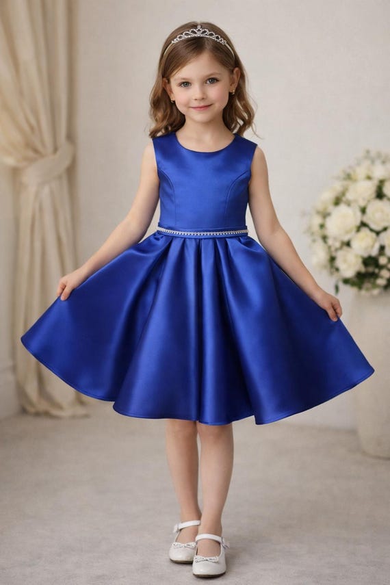 blue interview dress Royal blue Pageant Interview Dress for Girls, Formal Satin Coctail Party Gown, Rhinestone Belt