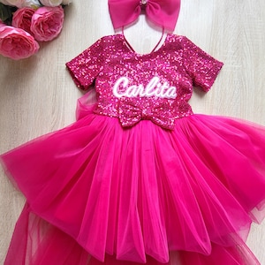 Personalized Birthday party dress, Girls Hot pink Doll inspired tulle dress with a train, Toddler gorgeous short sleeve Sparkle party dress