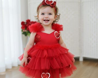 Valentine's Day Red Tulle Romper: Toddler Heart Party Outfit