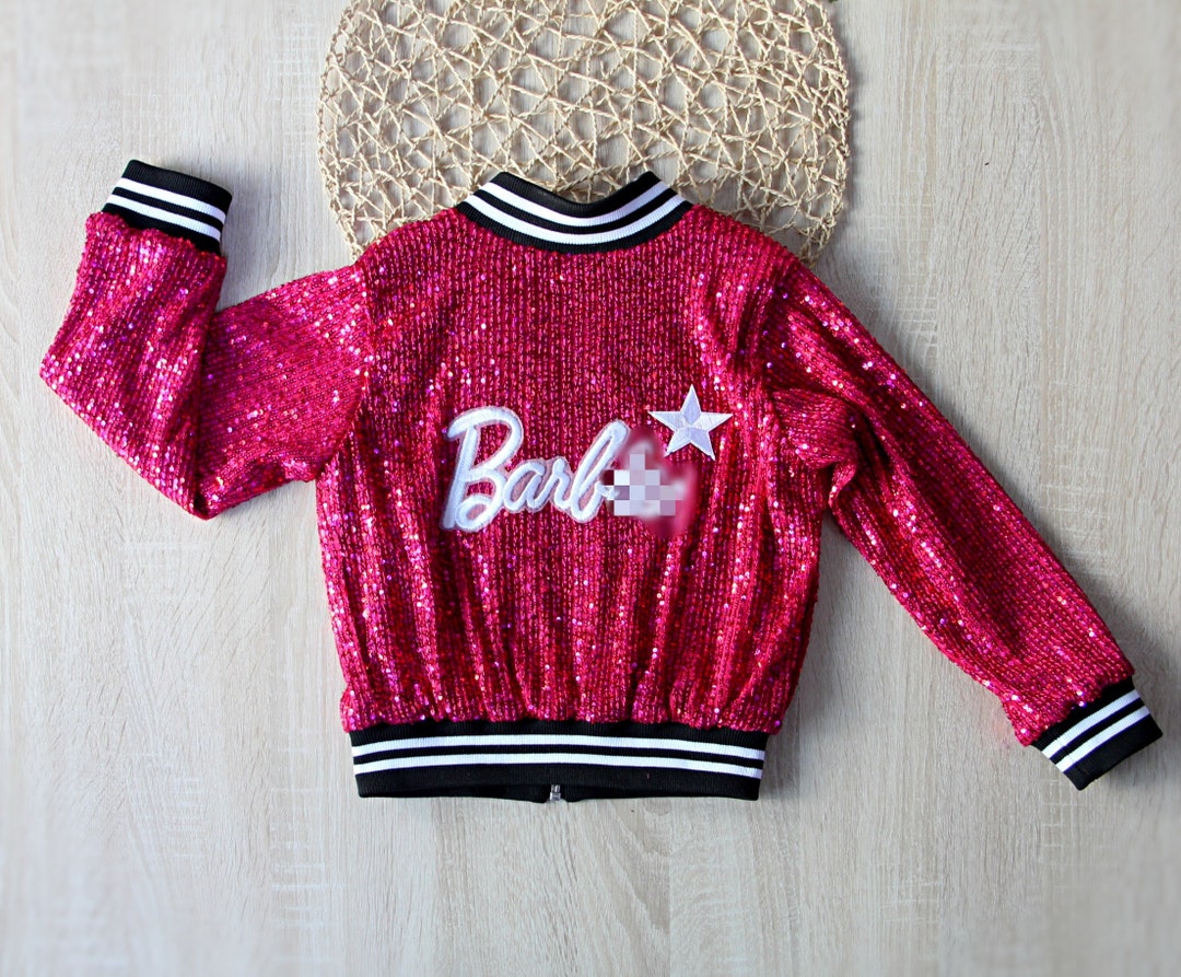 Kids Personalized Hot Pink Sequin Jacket, Doll Inspired Sparkle Bomber