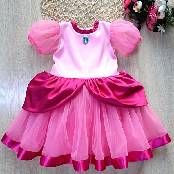 Vestido de tul rosa, vestido inspirado en la princesa Peach de la mejor calidad para Halloween, vestido de fiesta de cumpleaños Peach