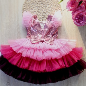 Girls Personalized Fluffy Pink birthday party dress, doll inspired Baby girl photoshoot dress