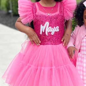 Girls Personalized Hot Pink Sequin Birthday Dress: Fluffy Tulle Photoshoot Outfit