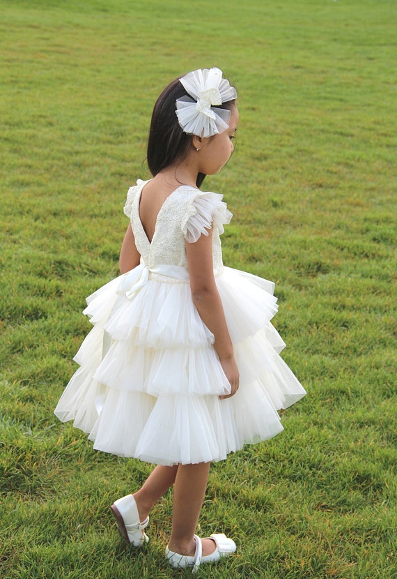 open lace back dress Ivory satin bridesmaid little girl dress, Girl birthday party dress with  train, Sleeveless baby girl dress, Open back toddler girl dresses main image 1