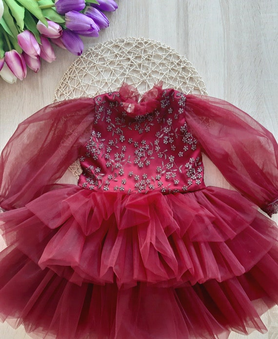 Burgundy flower girl dress Girls lace long sleeves Party | Etsy