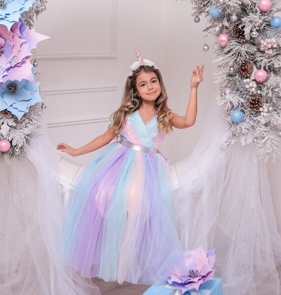 Unicorn Flower Girl Dress Pageant Birthday Wedding Party Dresses Headband Outfit