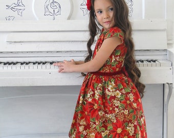 Toddler Christmas dress, Girls party dress, My first christmas, Red floral dress