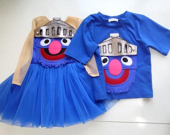 青いモンスターヒーローのドレスとTシャツのセット、マント付きの兄弟姉妹お揃いコスチューム