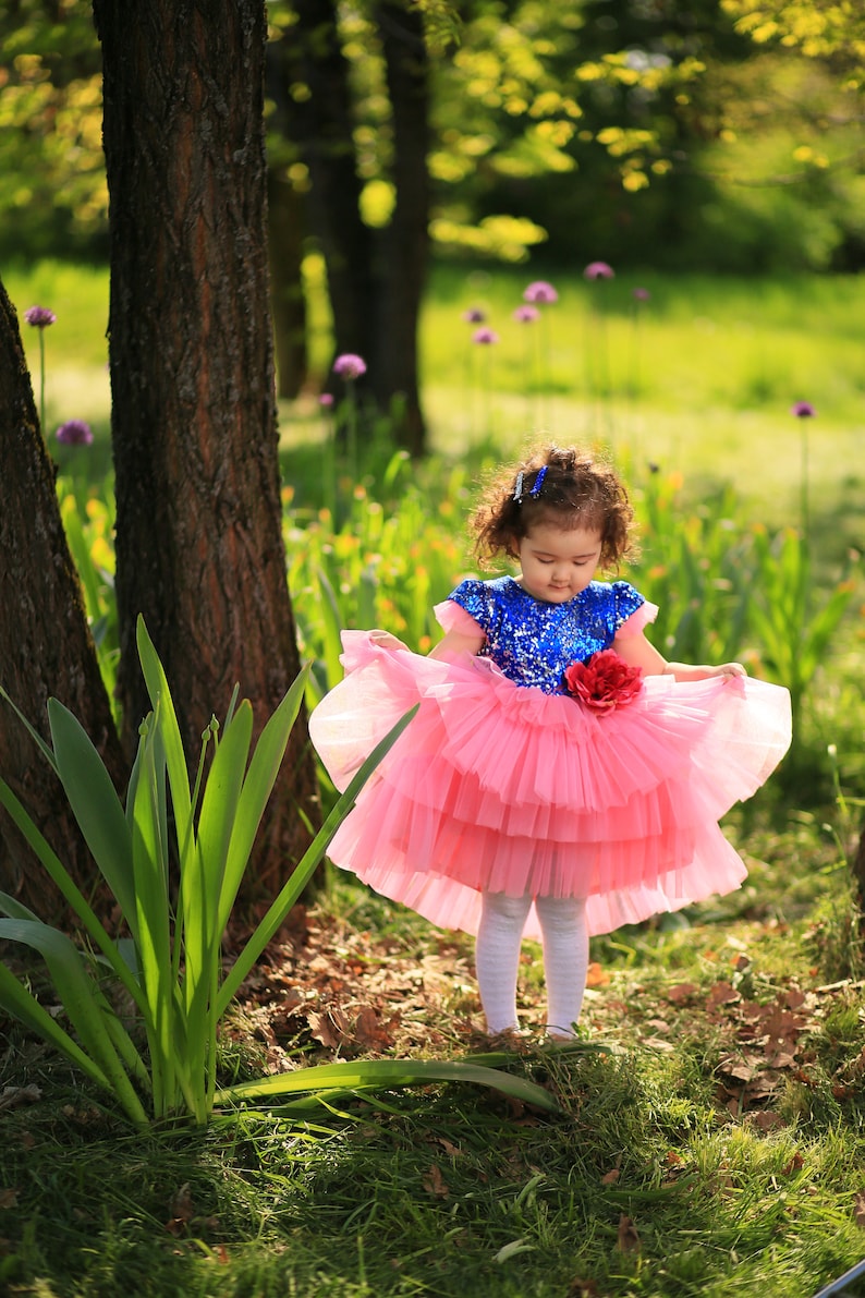 Girls party dressPageant sparkle prom dressBaby tutu dressFirst birthday party outfitFlower girls dressesBlue toddler pageant dress.
