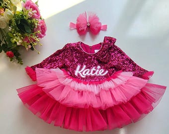 パーソナライズされたホットピンクのスパンコールチュールドレス、カスタムネーム、リボンヘッドバンド