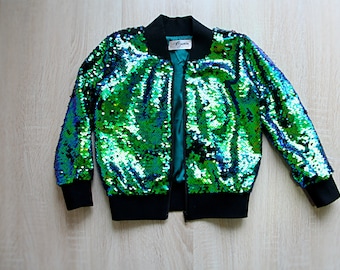 Buy Kids Green Sequin Bomber Jacket: Sparkle Pockets, Soft Silk