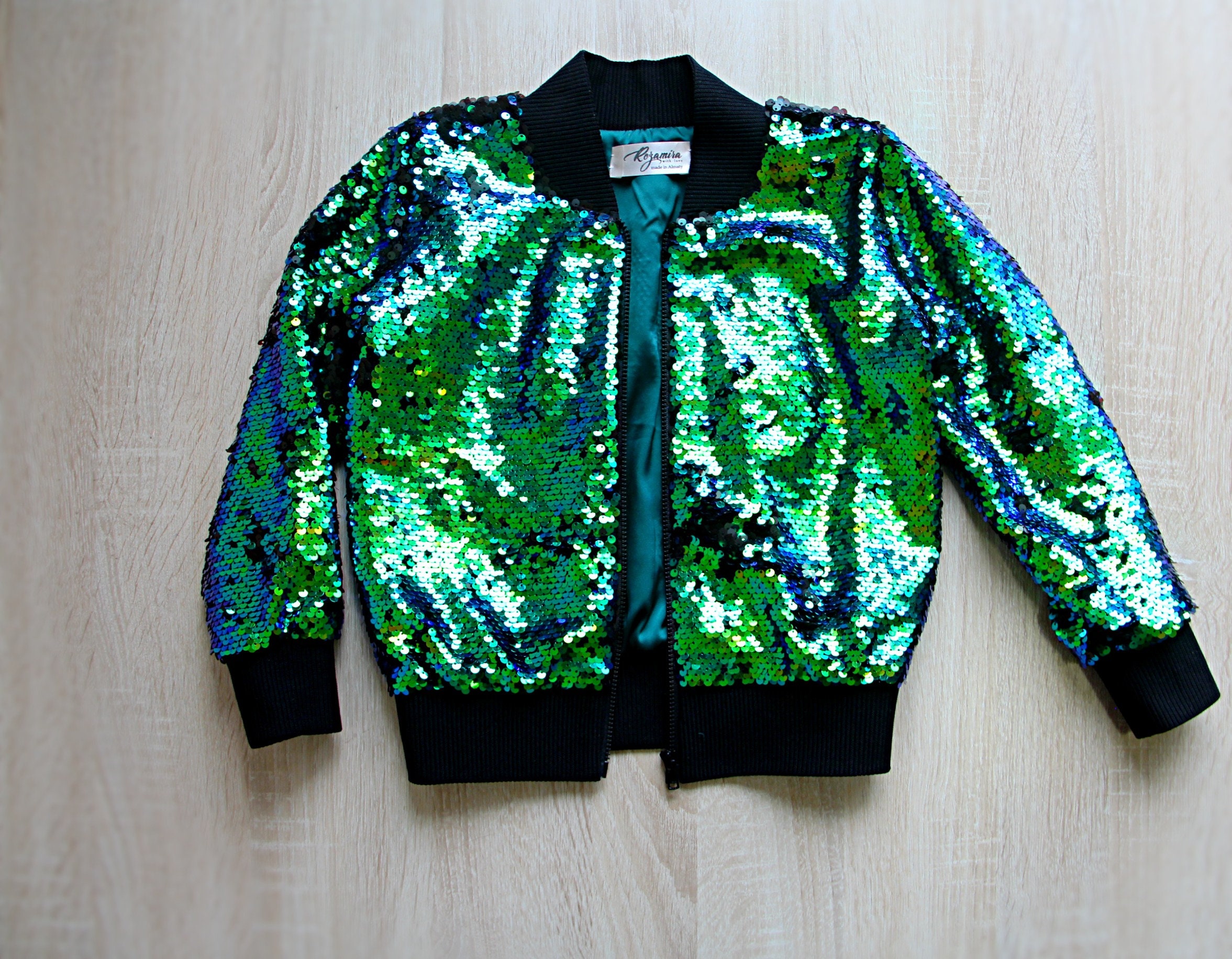 Kids Green Sequin Jacket, Children Green Sequin Bomber With