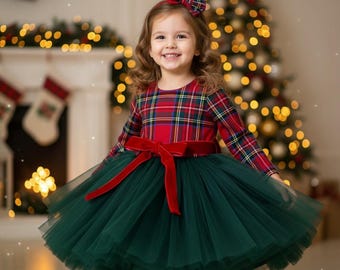 Girls Plaid Christmas Dress: Red Tartan & Green Tulle Holiday Outfit