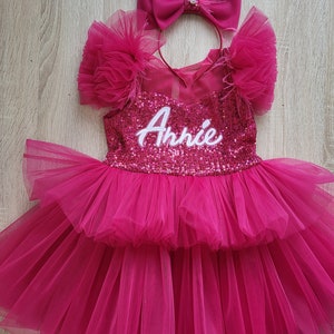 Personalized Girls Hot pink Party Dress, Trendy Dolly dress with train, B. Pink Party dress, flower girl dress