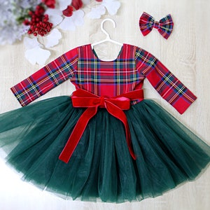 Kariertes Weihnachtskleid für Mädchen: Rotes Tartan & grünes Tulle Urlaubs Outfit
