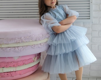 Lace Flower Girl Dress: Long Sleeve Tulle Baptism Gown, Dusty Blue Boho Style