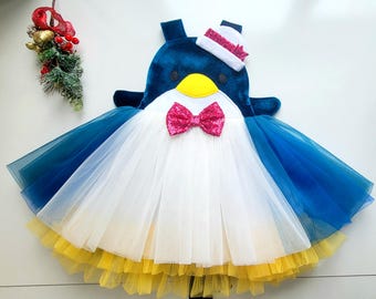 ハンドメイドのブルーペンギンチュチュドレス、ベルベットのボディス、ホリデーパーティー衣装
