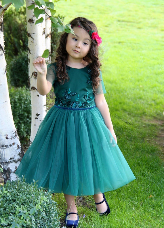 Girls Emerald Green Dress Lace Flower Girl Dress First - Etsy