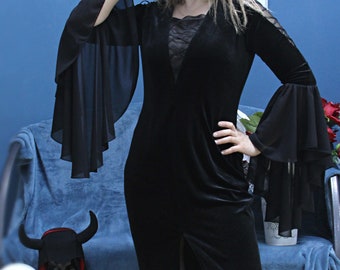 Morticia Addams Kleid - Gothic Halloween Kostüm Damen Mit Fledermausärmeln