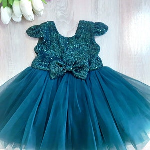 Flower girl dress, Girls Green sequin dress, Teal toddler sparkly dress, Christmas girl dress