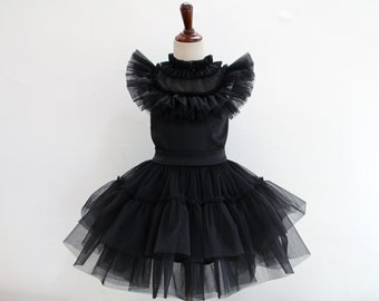Abito in tulle nero gotico per bambini ispirato allo stile di Mercoledì Addams