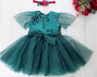 Robe de fille de fleur en tulle de dentelle verte, robe de fête pour tout-petits, robe de fête d’anniversaire en tulle de dentelle sarcelle