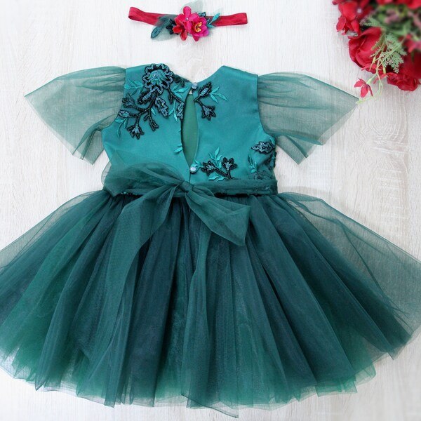 Green Lace tulle flower girl dress, Toddler party dress, Teal lace tulle Birthday party dress
