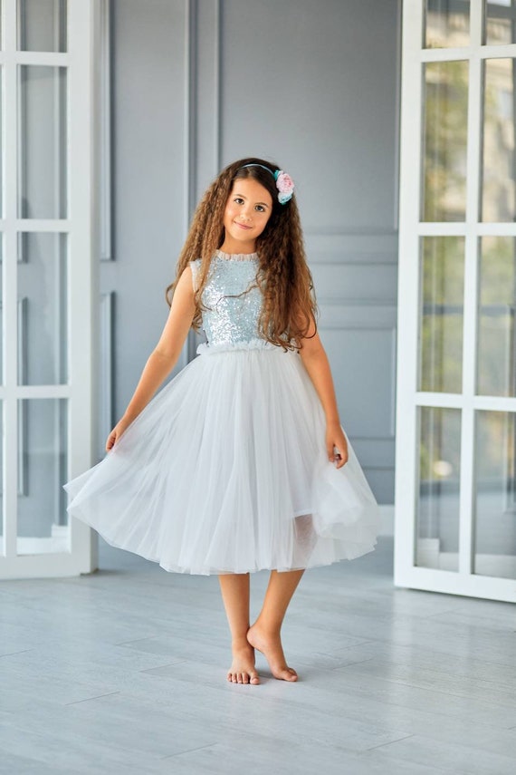 Blue Sequin Girls Party Dress: Tulle Flower Girl Dress