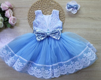 Girls Blue Lace Party tulle dress, 1st Birthday dress for special occasion, Handmade Blue sequin tulle dress