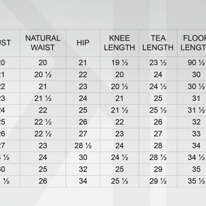 May include: A size chart for clothing with measurements in inches for bust, natural waist, hip, knee length, tea length, floor length, and floor length plus 5 inches. Sizes range from 2 to 14.
