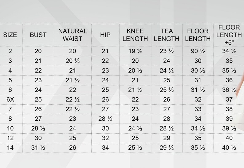 May include: A size chart for clothing with measurements in inches for bust, natural waist, hip, knee length, tea length, floor length, and floor length plus 5 inches. Sizes range from 2 to 14.