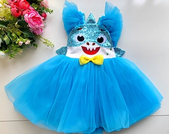 青いサメのチュチュドレス、海のテーマの衣装、幼児用海の誕生日ドレス
