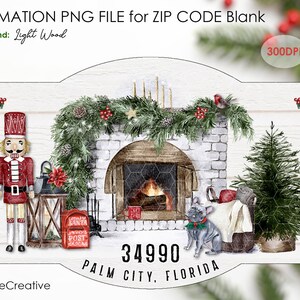 Peut inclure: Un design de sublimation représentant une scène de Noël avec une cheminée, un casse-noisette, un petit sapin de Noël, un chien et une boîte aux lettres. Le design comprend le texte "SANTA POST" et "34990 PALM CITY, FLORIDA".