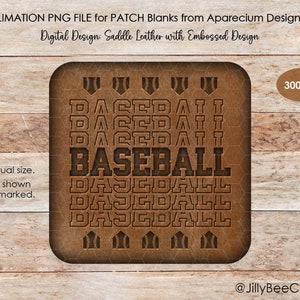 May include: A digital design for a baseball patch, featuring the word "BASEBALL" in a bold, embossed font, surrounded by smaller, repeated instances of the word "BASEBALL". The design is intended for sublimation printing on leather patches.