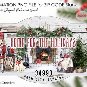 Home For The Holidays | Sitting PUG with Head Tilt  | PNG for Sublimation | Zip Code Blank | Chipped Wood Background