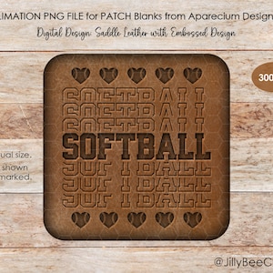 Peut inclure: Un design numérique pour un patch vierge de sublimation avec le mot "SOFTBALL" répété en motif empilé avec des cœurs et des balles de baseball sur un fond de cuir brun.